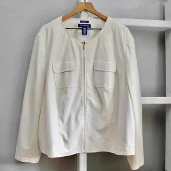 Evan Picone Cream Color Zipper Collarless Stretch Tailored Blazer Size 24W - Picture 1 of 6